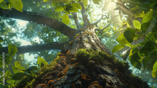 A towering tree viewed from its base, bathed in sunlight, with lush green leaves and moss-covered bark creating a tranquil forest scene. photo