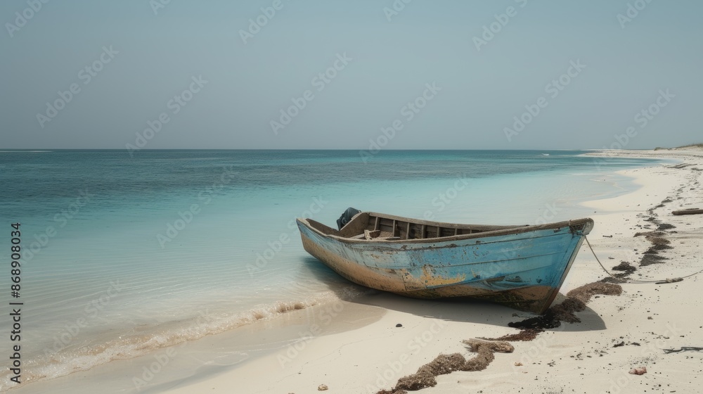 Portrait of a beach with a fishing boat leaning on the edge Portrait of a beach with a fishing boat leaning on the edge