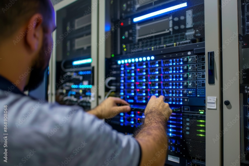 Technician Working on a Server Rack in a Data Center Technician Working on a Server Rack in a Data Center