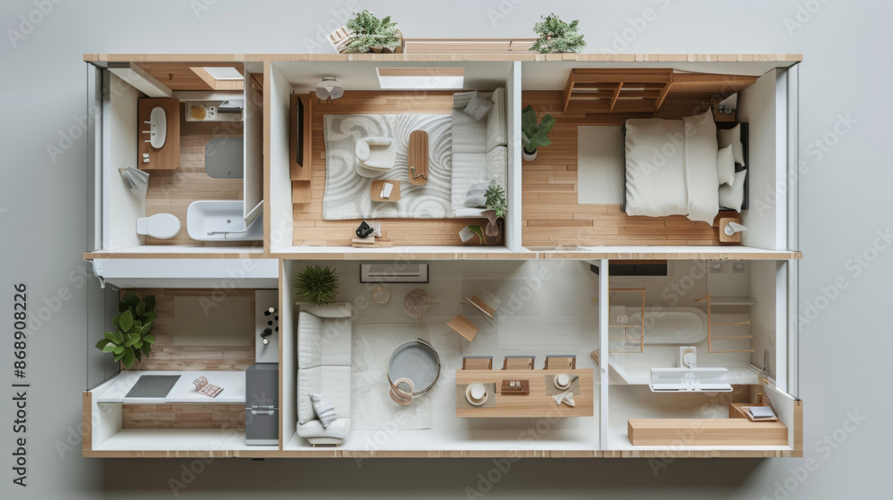 3D view displays a house with a comfort bedroom and minimalist living room, a well lit composition style, beautiful interior 3D view displays a house with a comfort bedroom and minimalist living room, a well lit composition style, beautiful interior