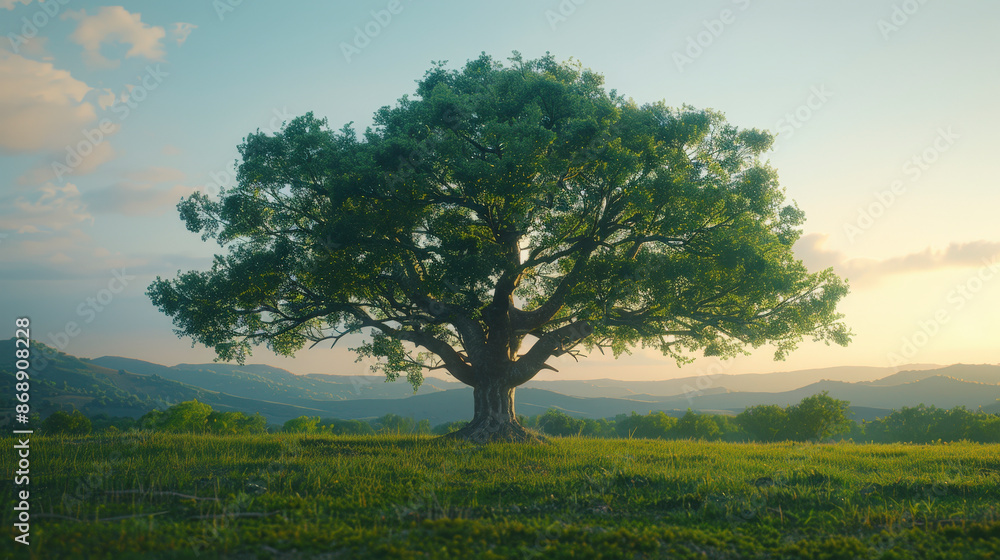 Obraz premium A majestic tree stands alone in a vast meadow, surrounded by distant rolling hills under the soft, golden light of a setting sun.