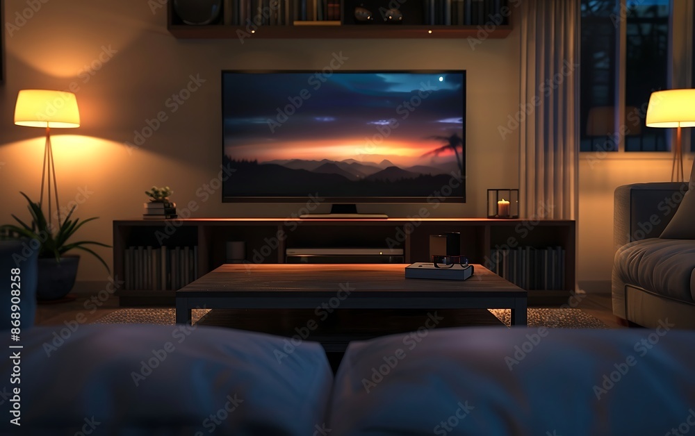 Interior of modern living room at night Interior of modern living room at night