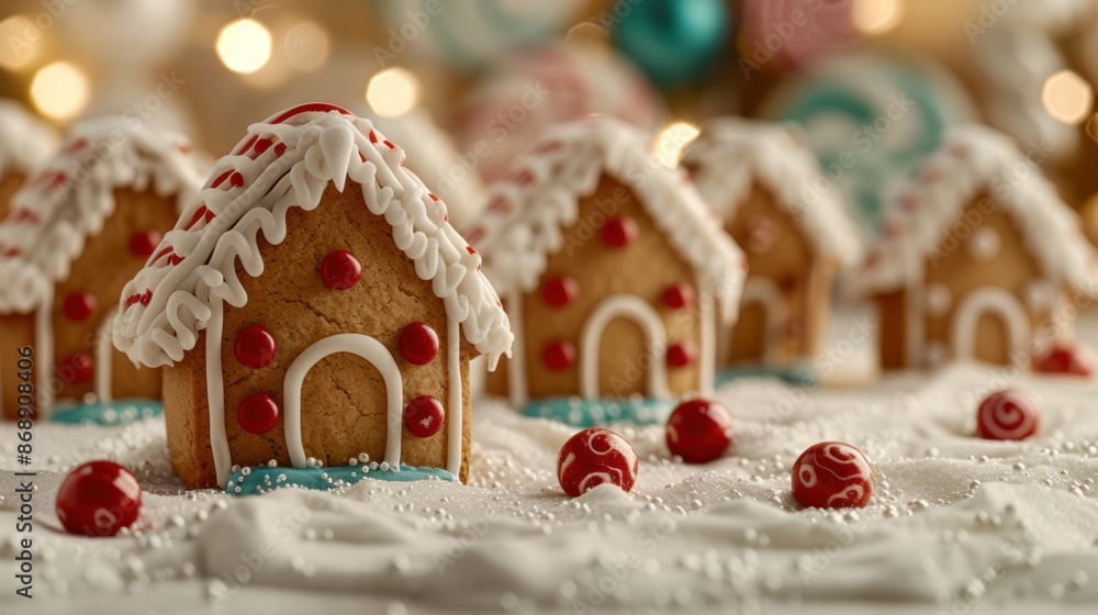 Festive gingerbread houses in winter wonderland Festive gingerbread houses in winter wonderland