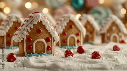 Festive gingerbread houses in winter wonderland