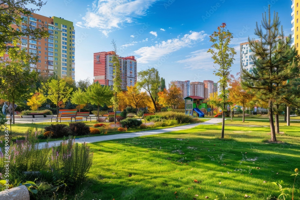 Modern City Park with Buildings and Playground Modern City Park with Buildings and Playground