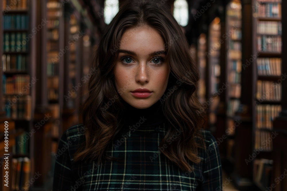 Thoughtful young woman in library Thoughtful young woman in library