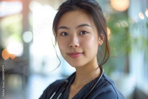 Smiling portrait of young female doctor or nurse in a medical office