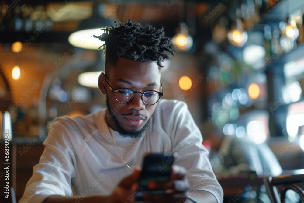 Portrait of a young African American man using smartphone at cafe Portrait of a young African American man using smartphone at cafe