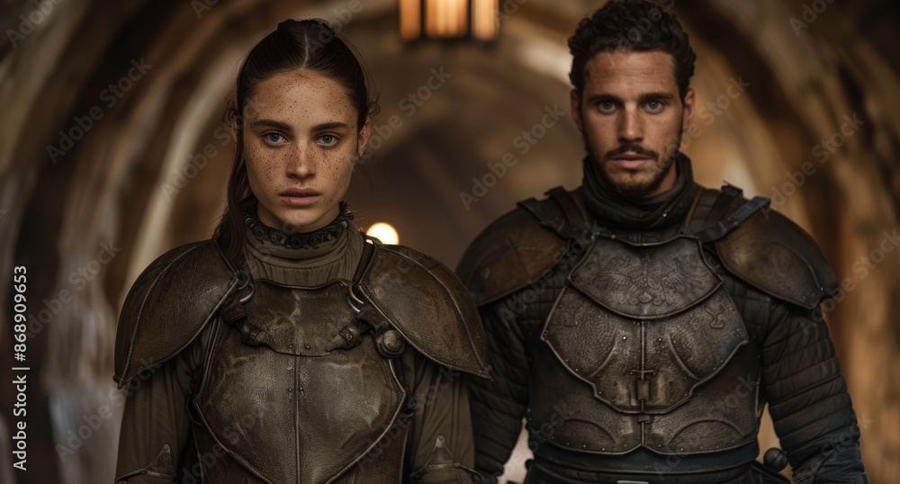 two medieval warriors in dark armor stand in a dimly lit corridor two medieval warriors in dark armor stand in a dimly lit corridor