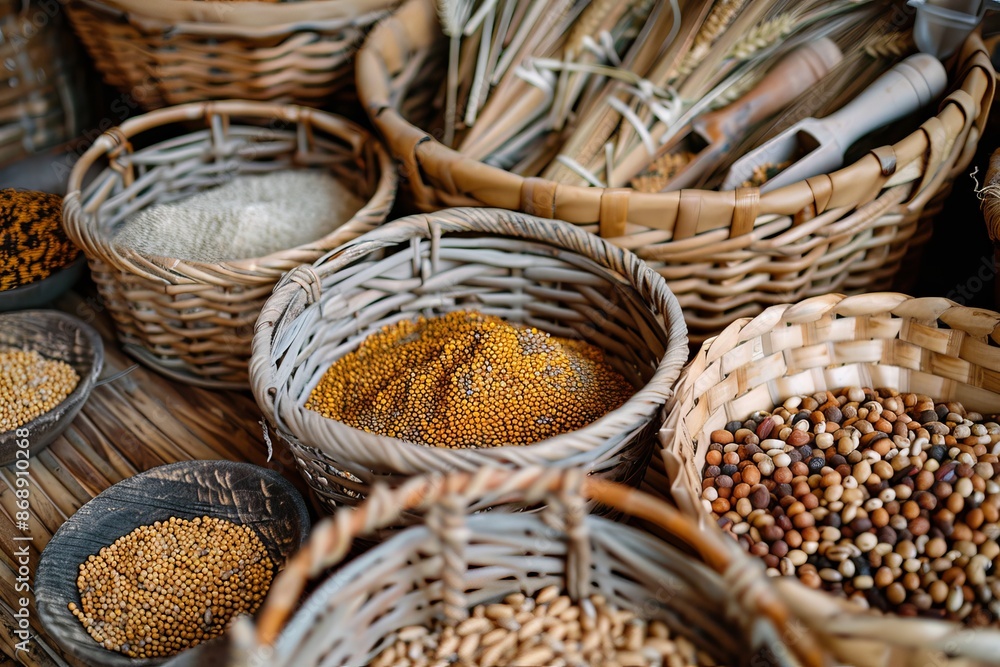 Assortment of Seeds in Wicker Baskets Assortment of Seeds in Wicker Baskets