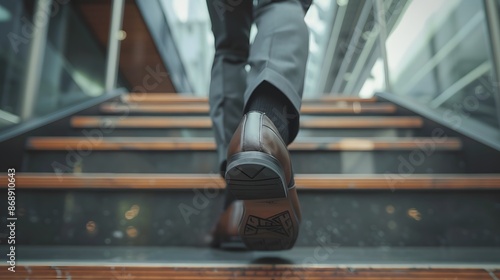 階段を上るビジネスマンの足の接写
