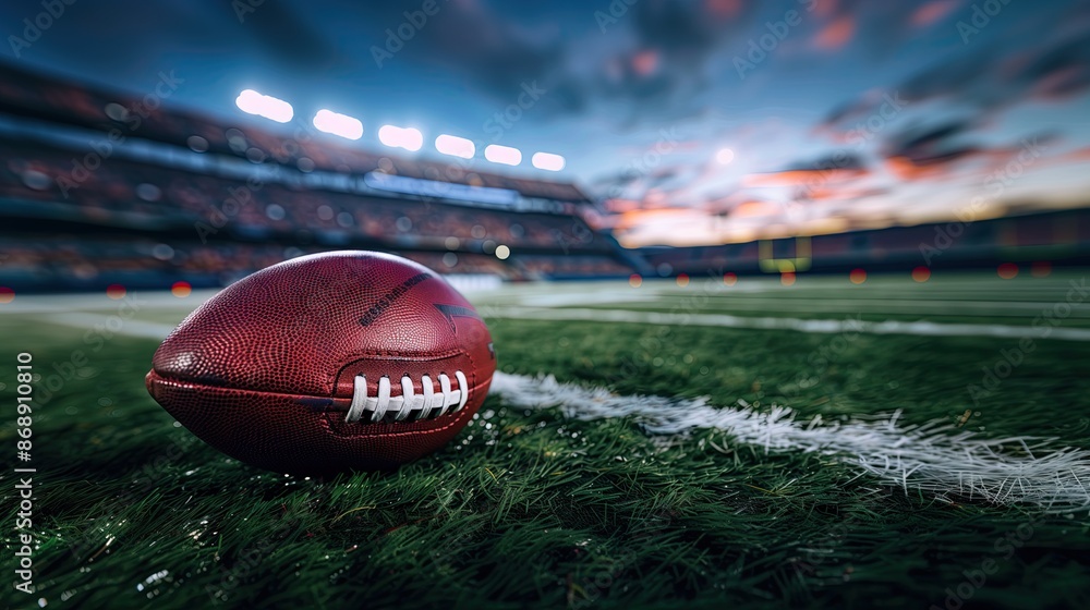 Wide angle shot of an outdoor American football field with a ball and spectators under an evening sky. Wide angle shot of an outdoor American football field with a ball and spectators under an evening sky.