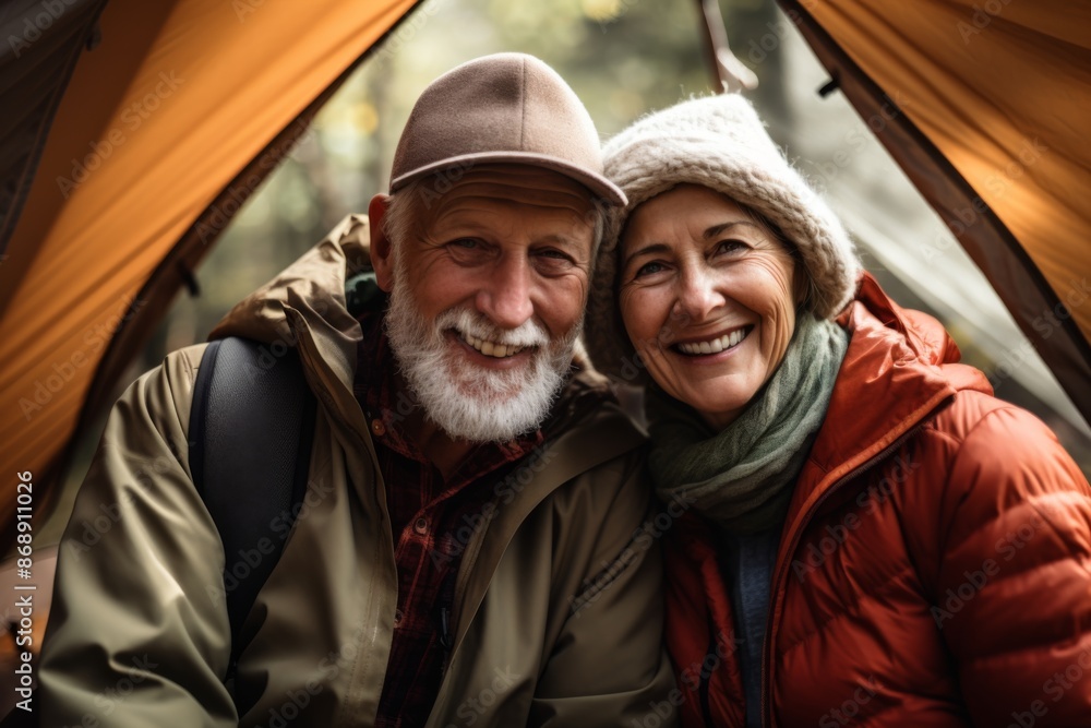 Portrait of a smiling couple in front of tent outdoors Portrait of a smiling couple in front of tent outdoors