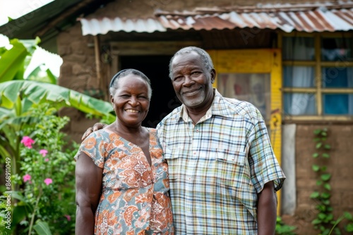 Happy Elderly African Couple Posing Outside Home © Baba Images