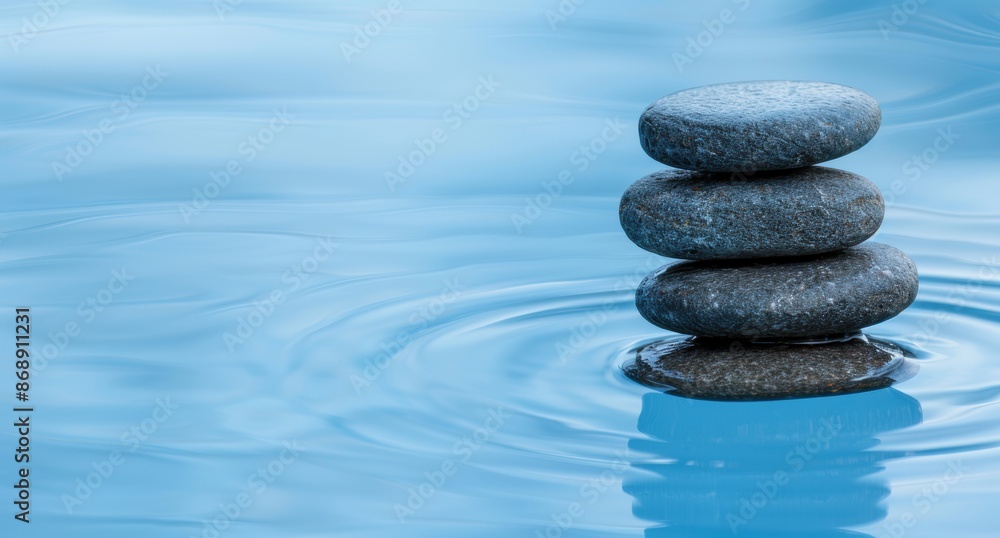 Stacked zen stones in calm blue water Stacked zen stones in calm blue water