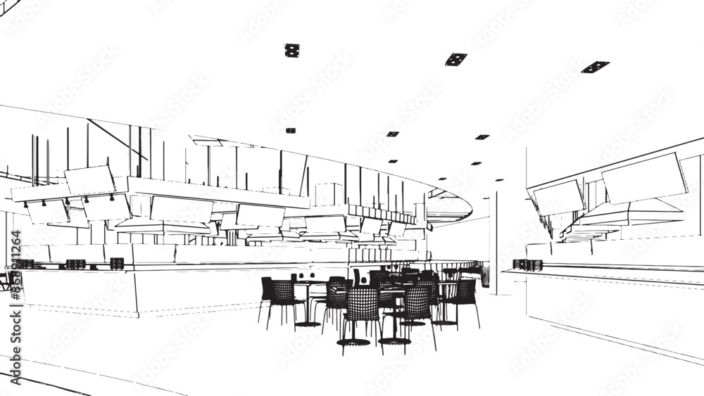 Obraz premium line drawing of the area of the department store hall, the food store section,3d rendering