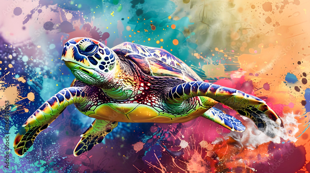 Vibrant splash painted sea turtle swimming through a colorful abstract underwater seascape Vibrant splash painted sea turtle swimming through a colorful abstract underwater seascape