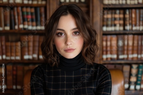 young woman with dark hair in library