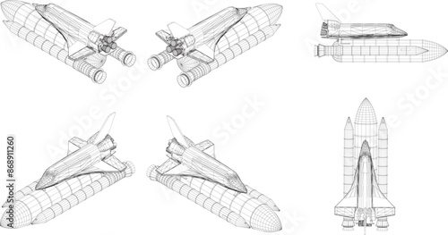 Drawings of space shuttle outline from many angles., Construction, transportation and space ship