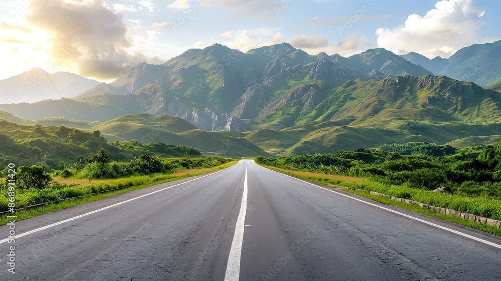 Asphalt highway and green mountains with cloudy sky at sunset Asphalt highway and green mountains with cloudy sky at sunset