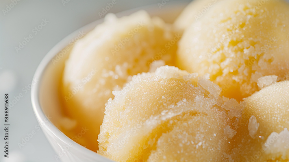 Sophisticated champagne sorbet, a closeup of sophisticated champagne sorbet, its pale color and sparkling texture set against a white background Sophisticated champagne sorbet, a closeup of sophisticated champagne sorbet, its pale color and sparkling texture set against a white background