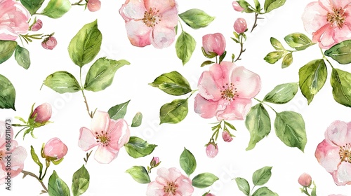 watercolor floral pattern, pink blush flowers elements, green leaves branches on white background 