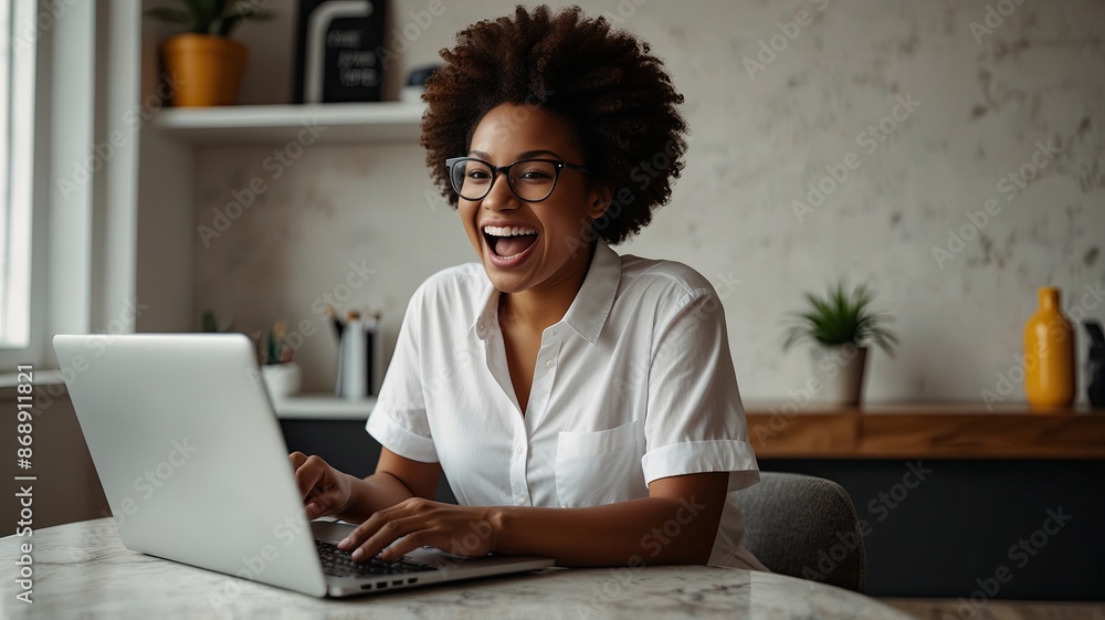 Excited african american woman whit laptop generate ai Excited african american woman whit laptop generate ai