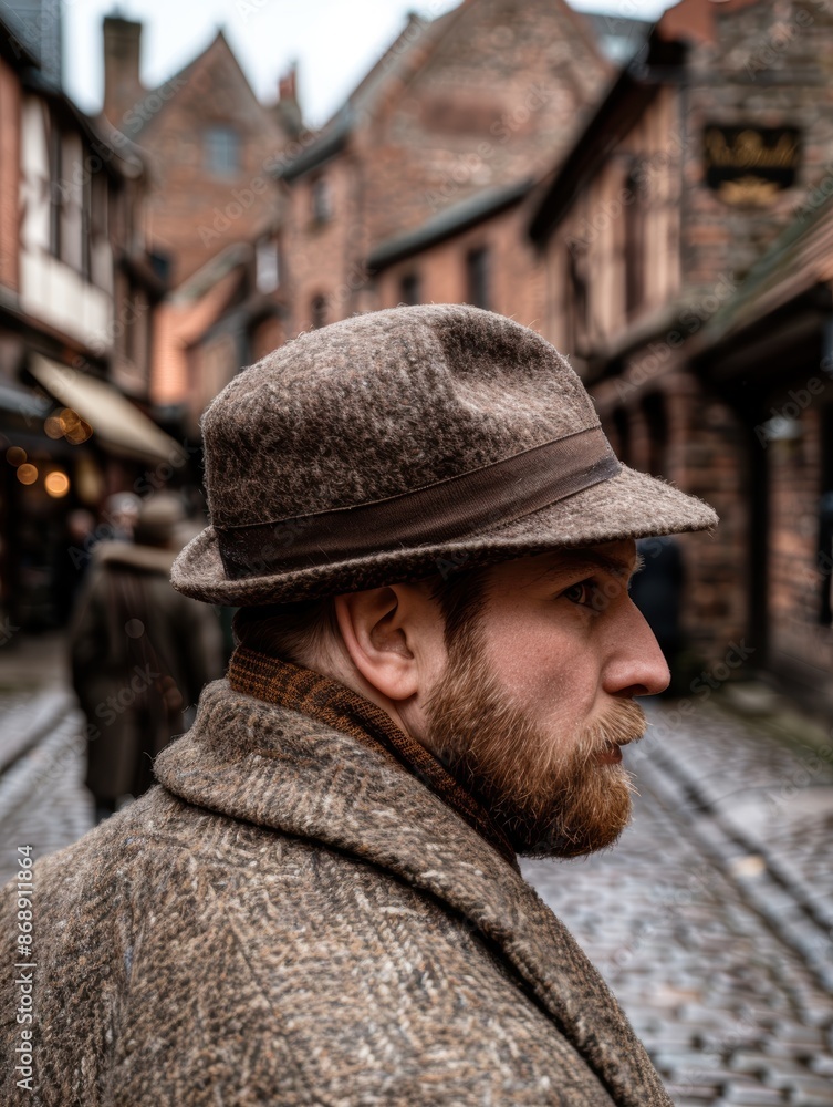 man in winter coat and hat on cobblestone street man in winter coat and hat on cobblestone street