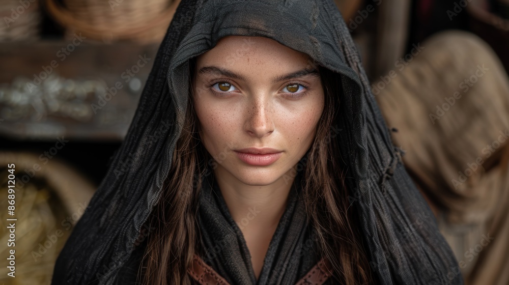 Mysterious woman in dark hooded cloak Mysterious woman in dark hooded cloak