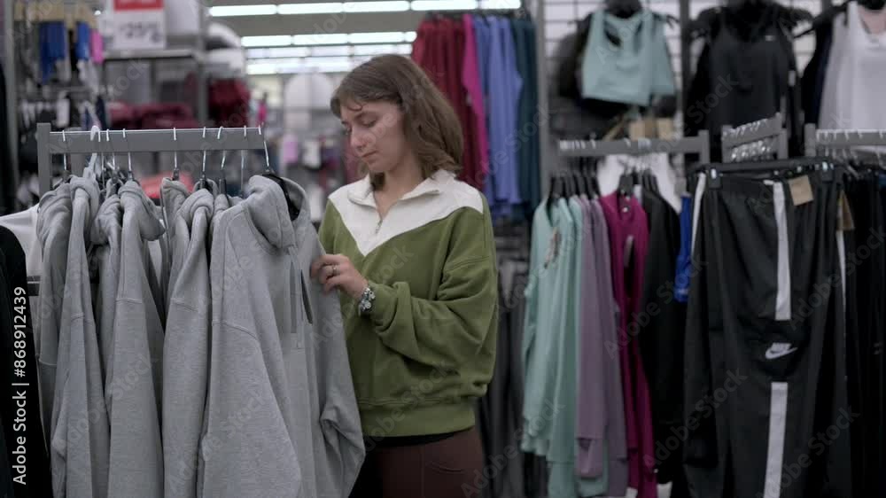 A woman in a green sweater browses through a rack of grey hoodies in a clothing store, carefully examining the items on display. High quality 4k footage A woman in a green sweater browses through a rack of grey hoodies in a clothing store, carefully examining the items on display. High quality 4k footage