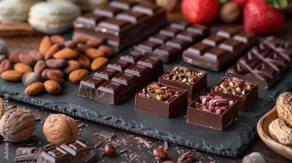 Indulgent Display of Dark and Milk Chocolates with Healthy Nuts and Fruits for Balanced Diet Concept. Indulgent Display of Dark and Milk Chocolates with Healthy Nuts and Fruits for Balanced Diet Concept.