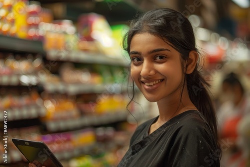 Portrait of a female grocery store worker with tablet © CojanAI