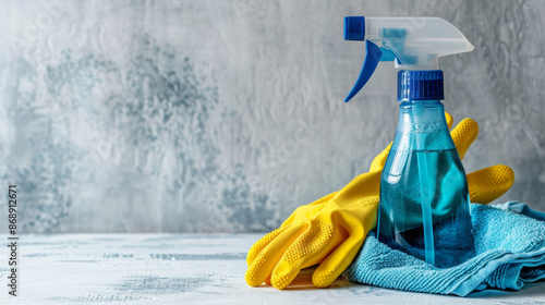 a glass bottle of cleaner and a piece of cleaning towel on a white table surface photo