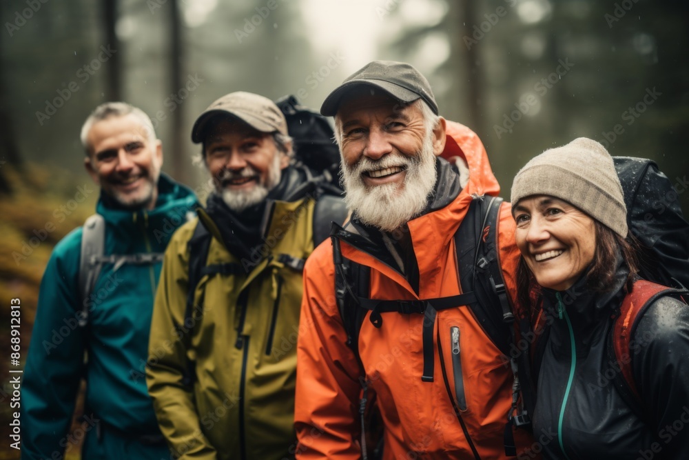 Portrait of a smiling group of senior hikers in rain jackets Portrait of a smiling group of senior hikers in rain jackets