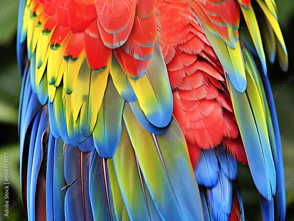 Fototapeta premium Tropical Brilliance: Bright Parrot Feathers Against a Rainforest Canopy