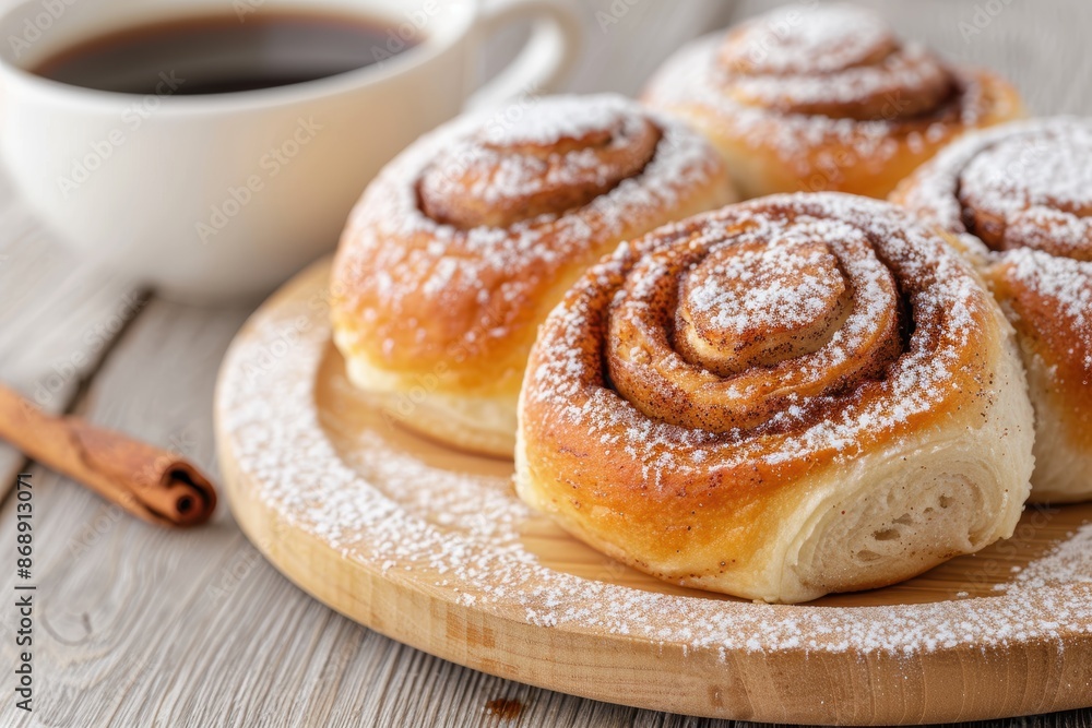 Freshly baked cinnamon rolls with powdered sugar Freshly baked cinnamon rolls with powdered sugar