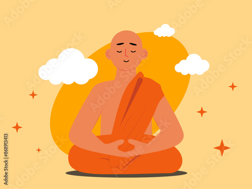 Thai monk in traditional meditation. Asian culture vector illustration.