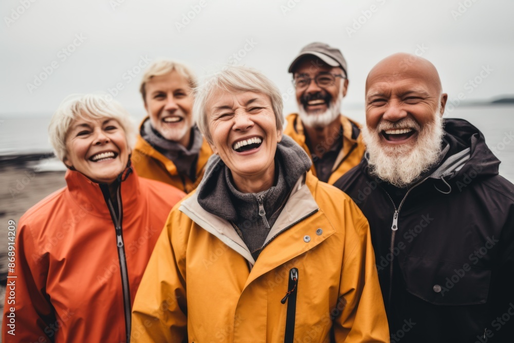 Portrait of a smiling group of senior hikers in rain jackets Portrait of a smiling group of senior hikers in rain jackets