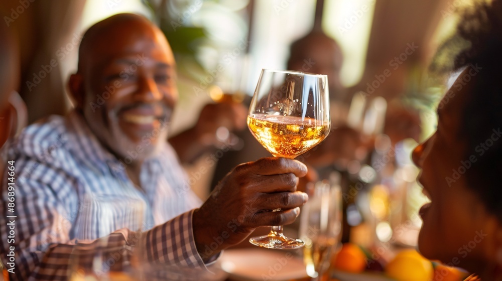 Detailed close-up of a joyful African American man giving a heartfelt toast at a multicultural gathering, highlighting the spirit of togetherness Detailed close-up of a joyful African American man giving a heartfelt toast at a multicultural gathering, highlighting the spirit of togetherness