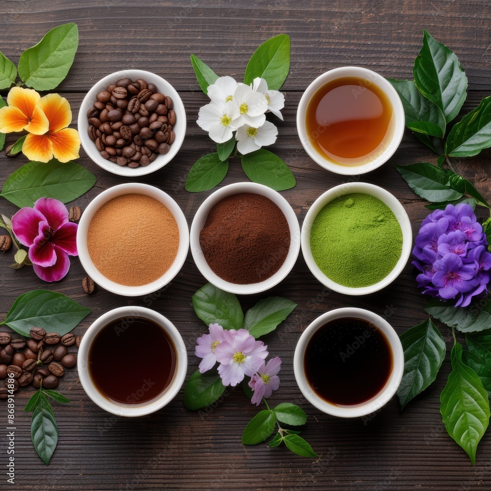 Assortment of coffee, tea, and spices on wooden background Assortment of coffee, tea, and spices on wooden background