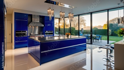 modern luxury kitchen with cobalt blue cabinets, set amidst sleek, high-gloss floors in a lavish