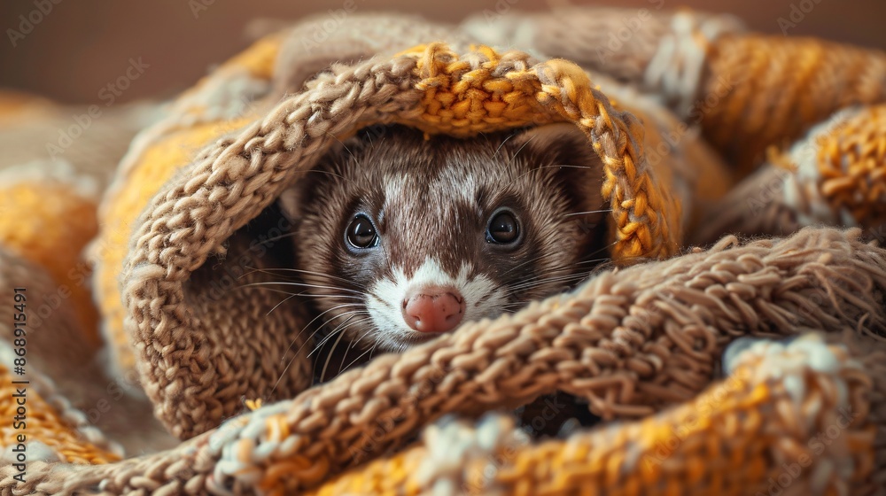 Obraz premium Ultra-sharp photograph of a ferret wrapped in a cozy blanket, appearing warm and cute