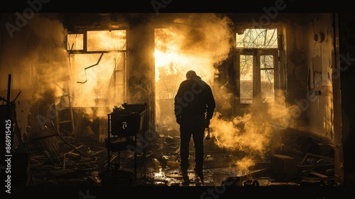 Lone Figure Standing in a Smoke-Filled Ruined Room with Broken Windows and Debris © kvladimirv
