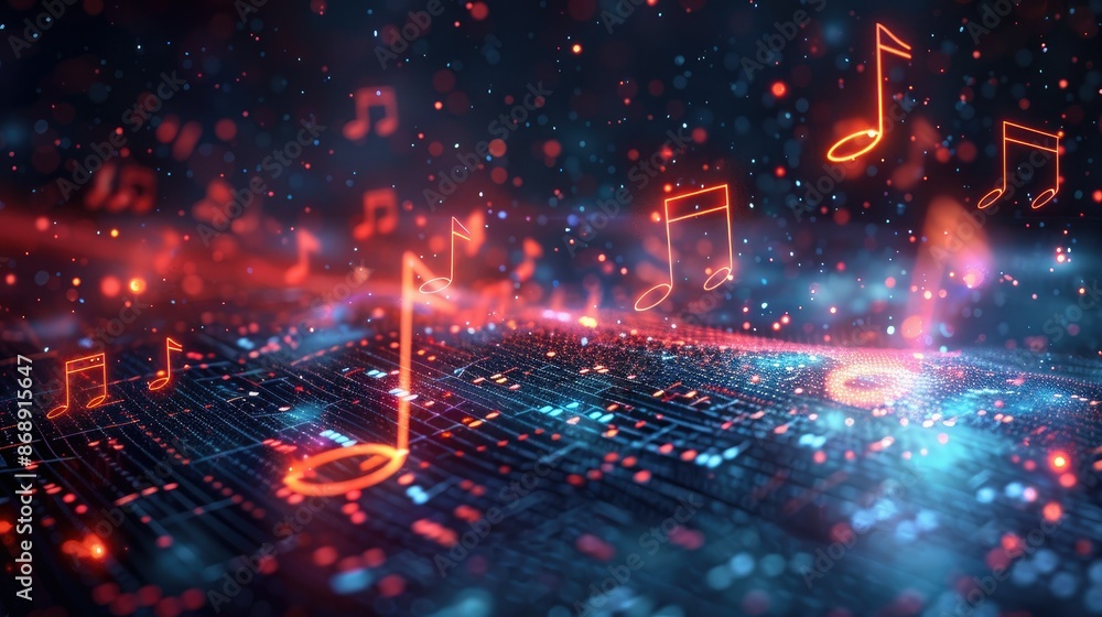Fototapeta premium Futuristic Music Technology Concept with Digital Sound Notes and Dynamic Light Effects
