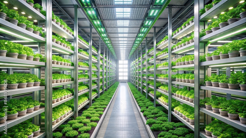 Fototapeta premium Futuristic vertical farming facility with lush greenery , vertical farming, futuristic, agriculture, greenhouse
