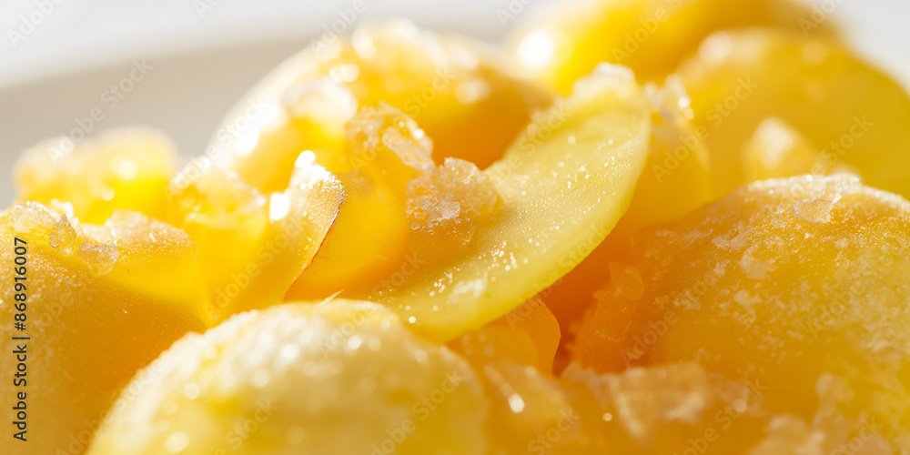 Chic salted caramel and apple sorbet, a closeup of chic salted caramel and apple sorbet, its golden color with chunks of apple against a white backdrop Chic salted caramel and apple sorbet, a closeup of chic salted caramel and apple sorbet, its golden color with chunks of apple against a white backdrop