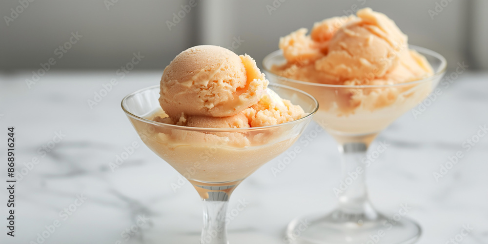 Elegant peach and prosecco sorbet, an image of elegant peach and prosecco sorbet, its soft color and bubbly texture against a white backdrop Elegant peach and prosecco sorbet, an image of elegant peach and prosecco sorbet, its soft color and bubbly texture against a white backdrop