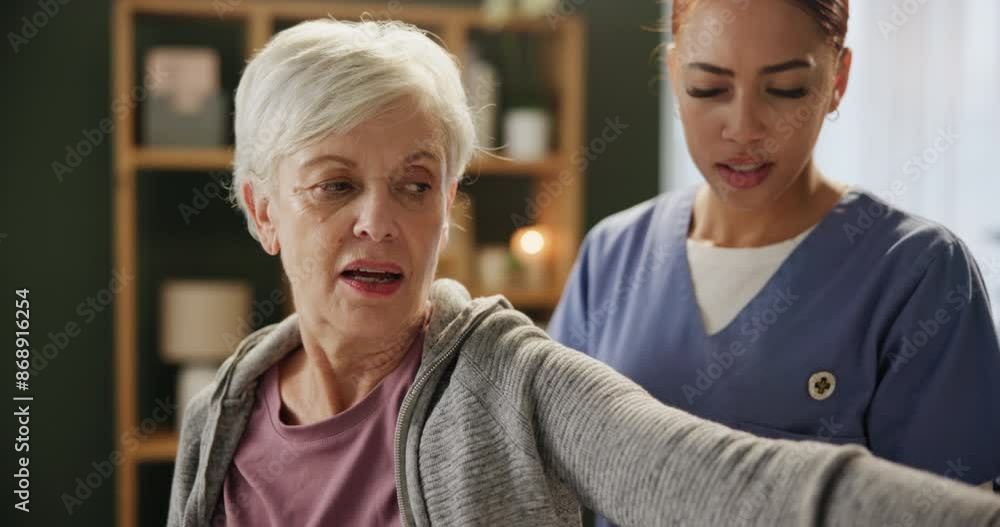 Physical therapy, stretching arm and senior woman with caregiver in clinic for consultation, healthcare or workout. Support, nurse and elderly patient for exam, arthritis training or rehabilitation Physical therapy, stretching arm and senior woman with caregiver in clinic for consultation, healthcare or workout. Support, nurse and elderly patient for exam, arthritis training or rehabilitation