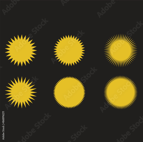 Sun icon set. Yellow sun star icons collection. Summer, sunlight, nature. Vector illustration isolated on black background.