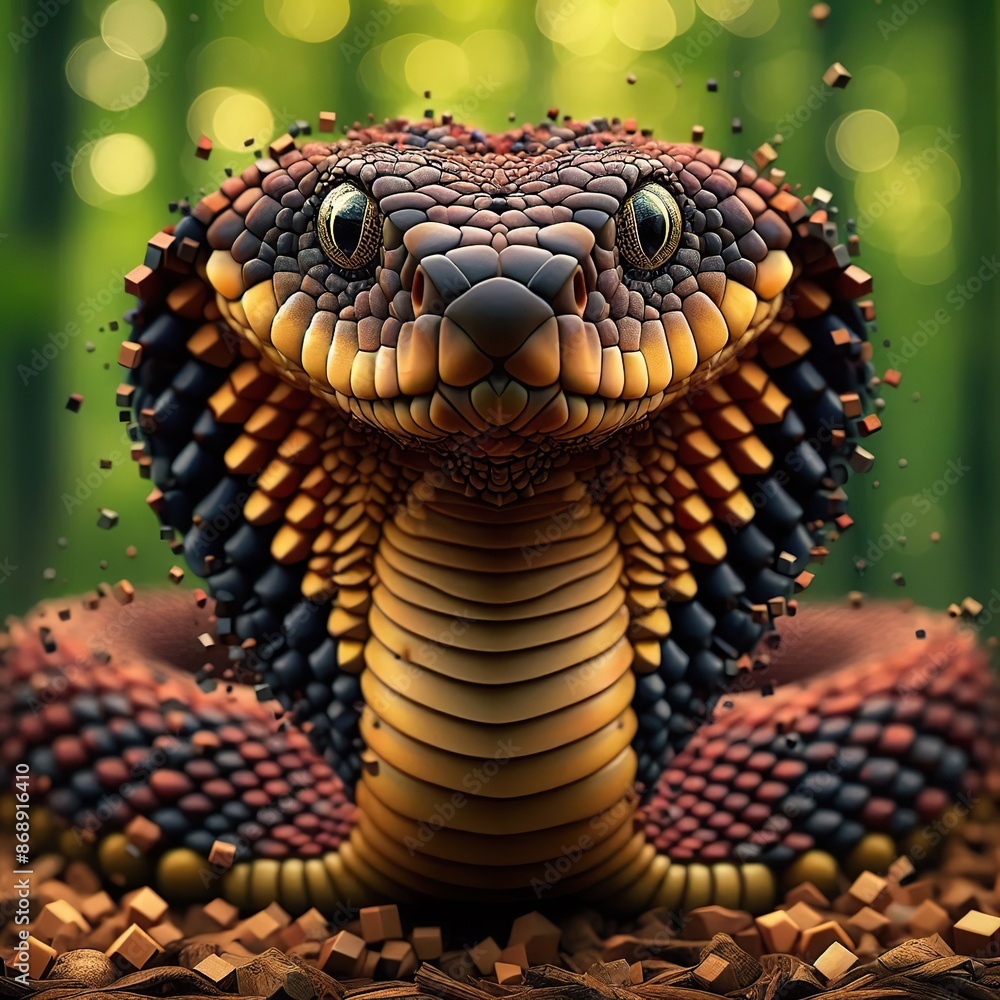 Fototapeta premium a hyper realistic picture of a Cobra that looks normal at the front but falls apart in little cubes